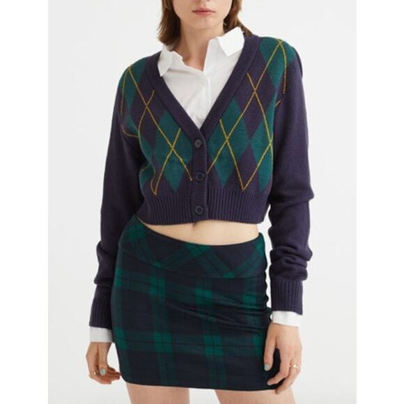 2/$30 DIVIDED by H&M Cardigan Size S Navy Blue Cropped Plaid Green - Picture 1 of 8